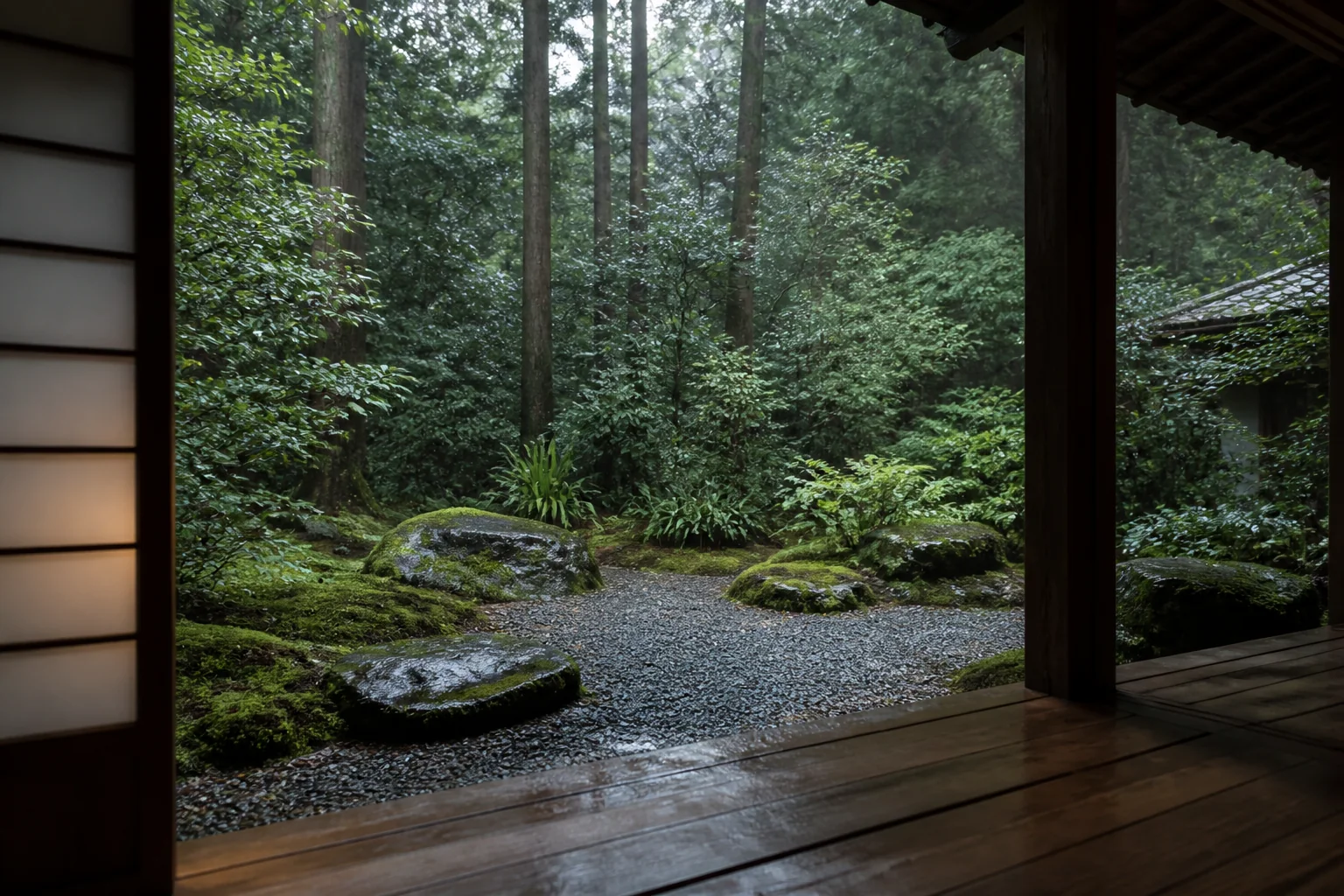 深い緑と木漏れ日を望む静かな滞在風景