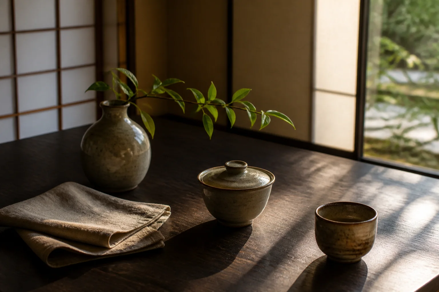 木の卓上に器をゆったり配した季節感のある食のしつらえ