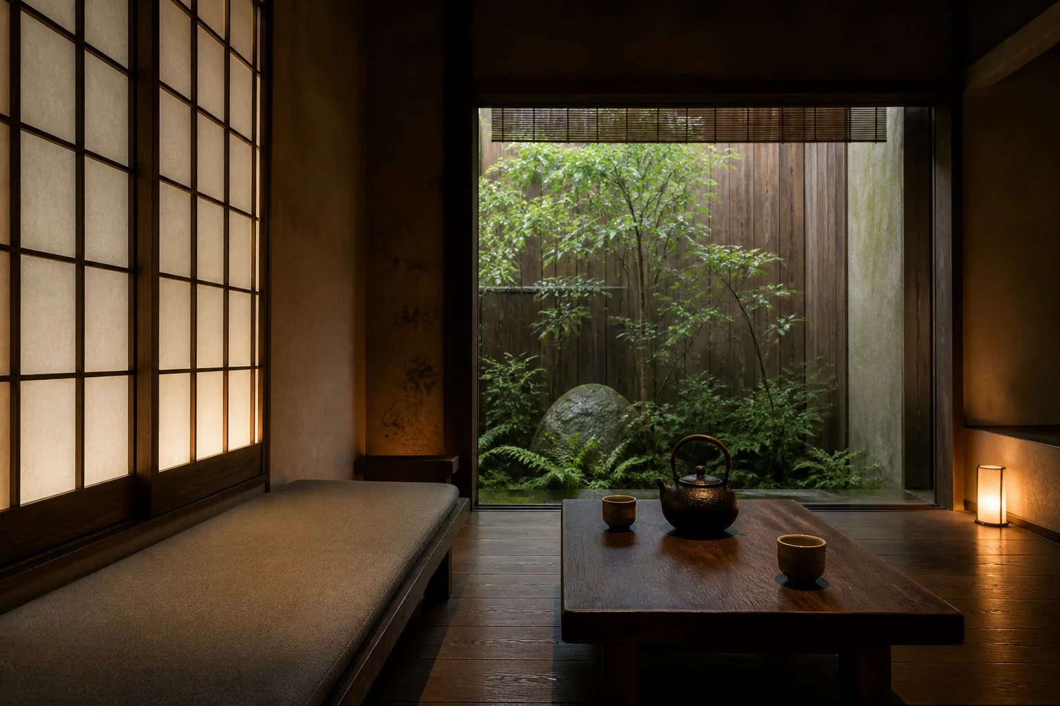 木と和紙の質感に包まれた穏やかな茶の空間